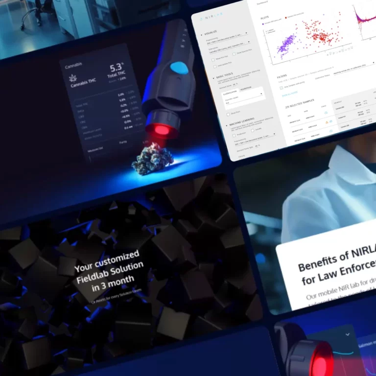 Collage of dark blue screens showing data dashboards and a lab device, with the phrase 'Your customized FieldLab Solution in 3 month' visible amid the UI panels.